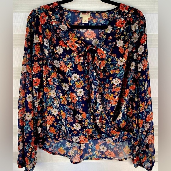 Mossimo Floral Blouse Wrap Style Semi Sheer Long Sleeve Top,  Medium 👚 - Picture 1 of 8